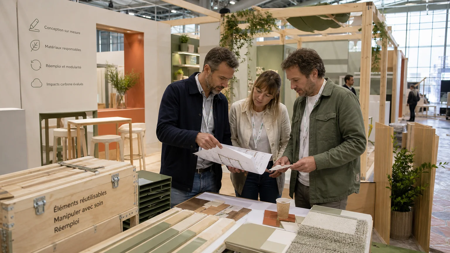 Équipe européenne préparant un stand modulaire réutilisable dans un salon professionnel