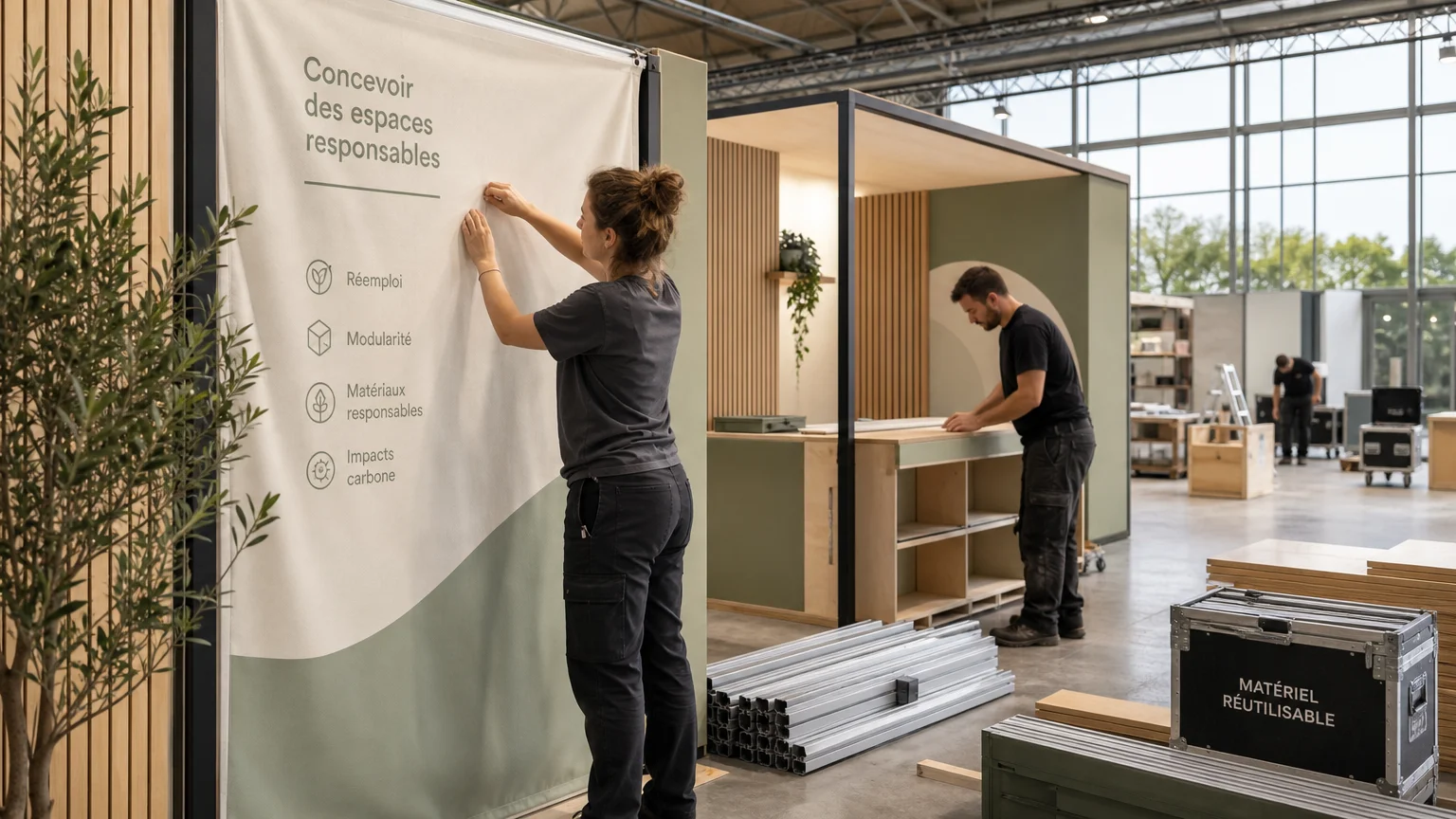 Équipe préparant le montage d’un stand d’exposition réutilisable