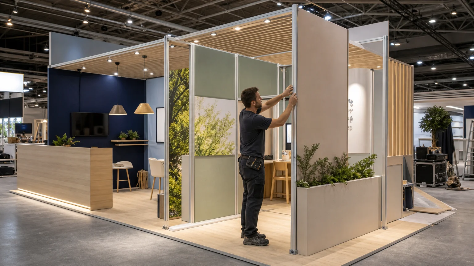 Assemblage d’un stand modulaire réutilisable dans un hall de salon