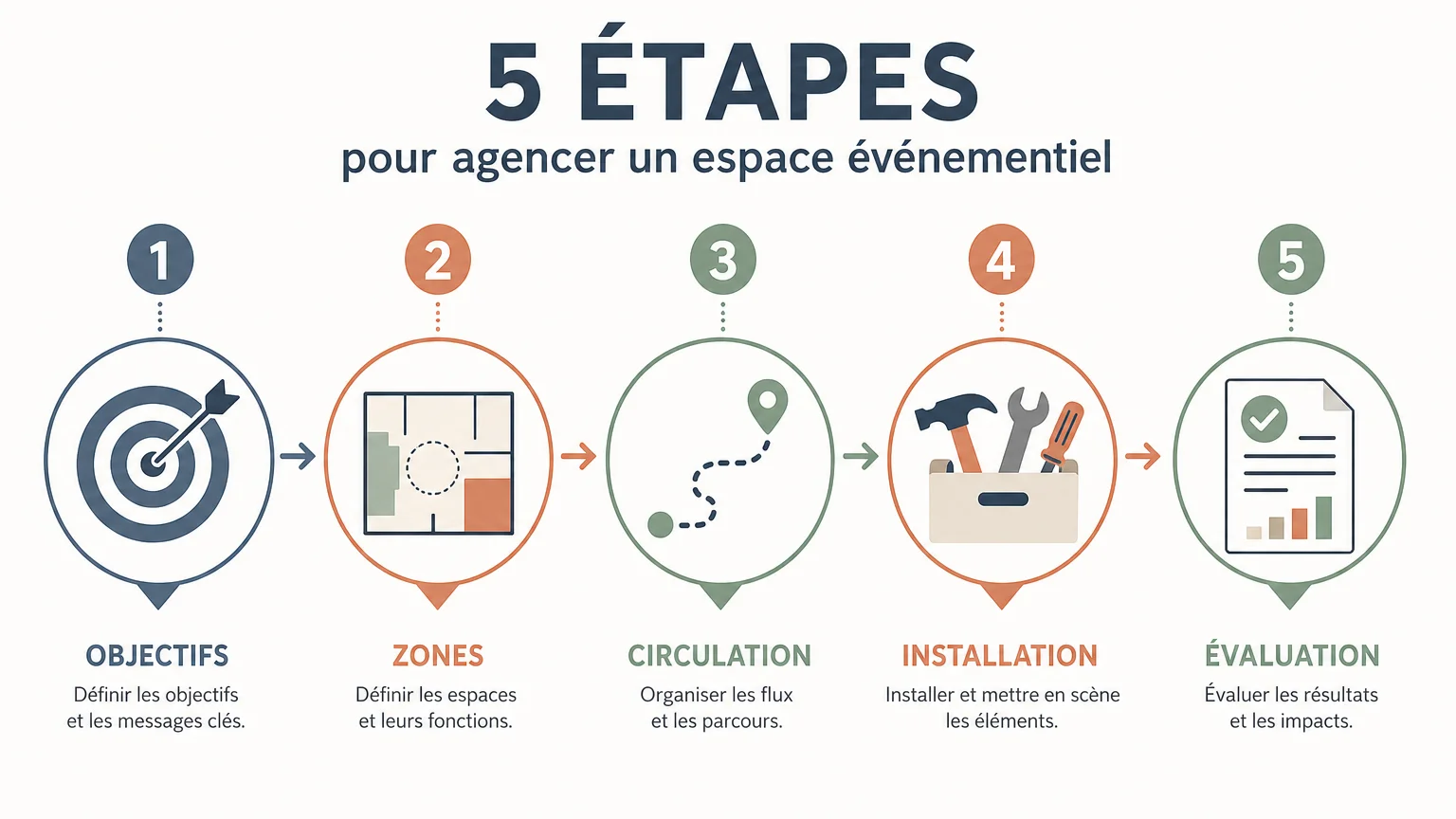 Infographie des cinq étapes de conception d’un espace événementiel