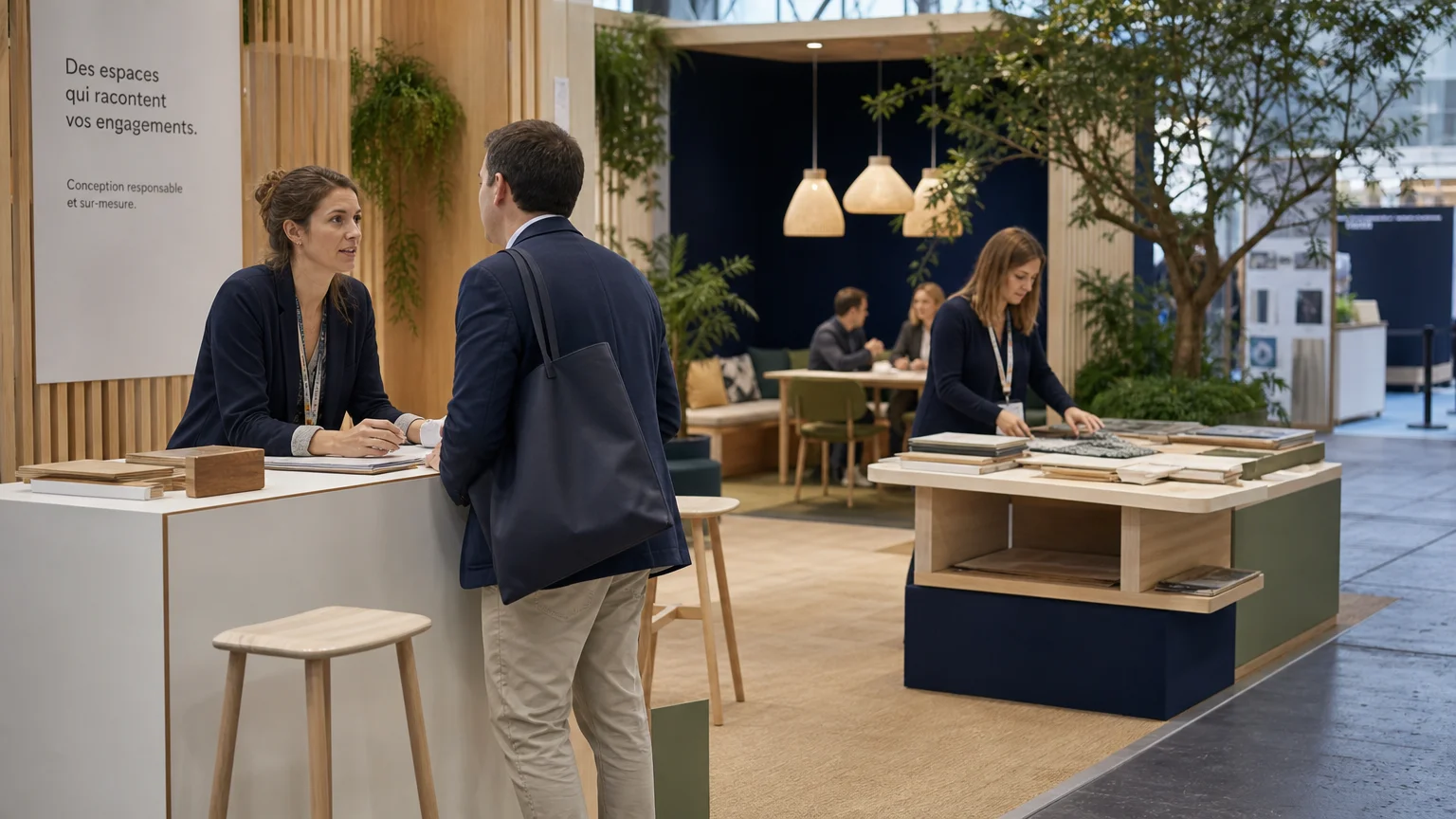 Équipe européenne accueillant un visiteur sur un stand professionnel ouvert