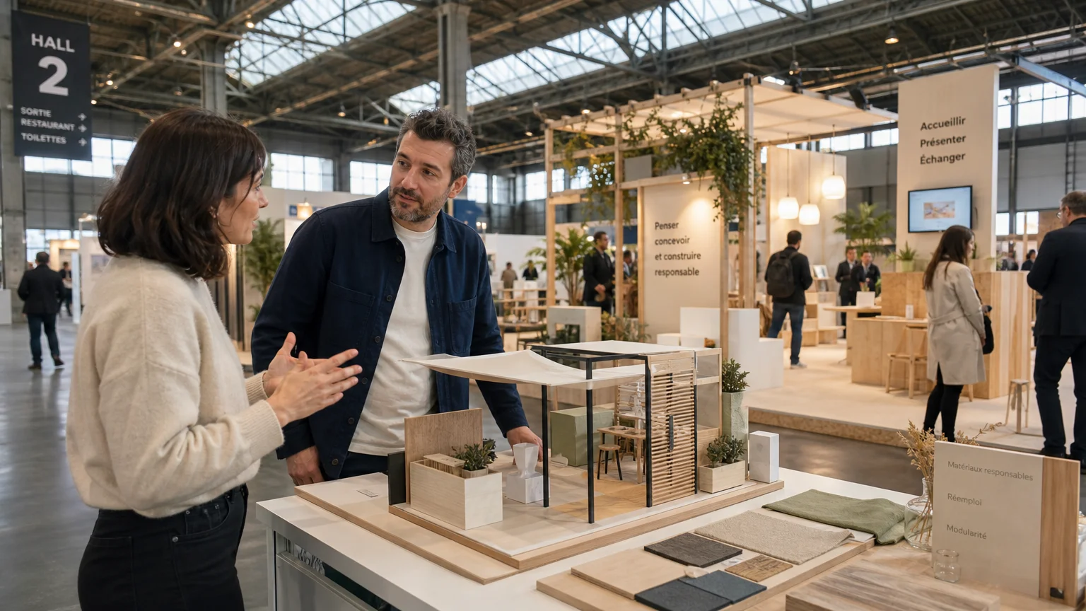 Équipe préparant un stand industriel ouvert dans un hall d’exposition en France