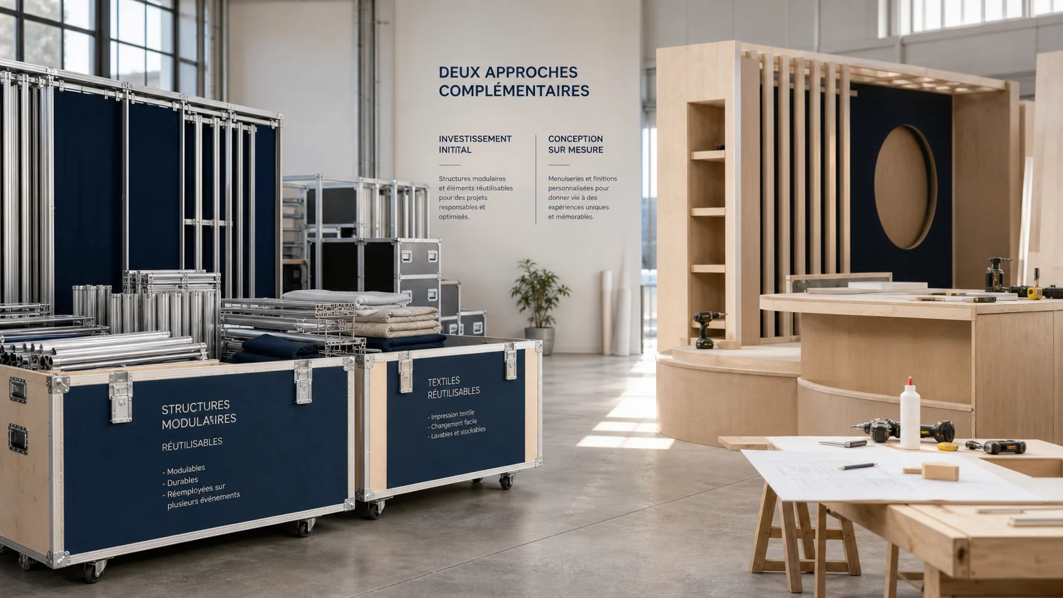 Comparaison visuelle entre une structure modulaire réutilisable et des éléments de stand sur mesure