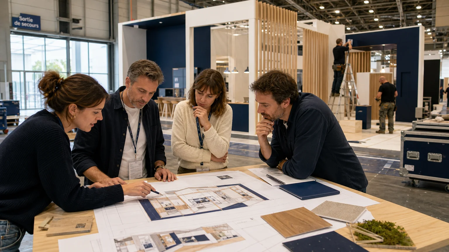 Équipe de projet examinant la préparation d’un stand professionnel dans un parc d’exposition français