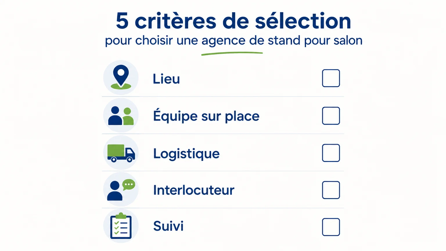 Checklist de cinq critères pour comparer des agences de stands pour salon
