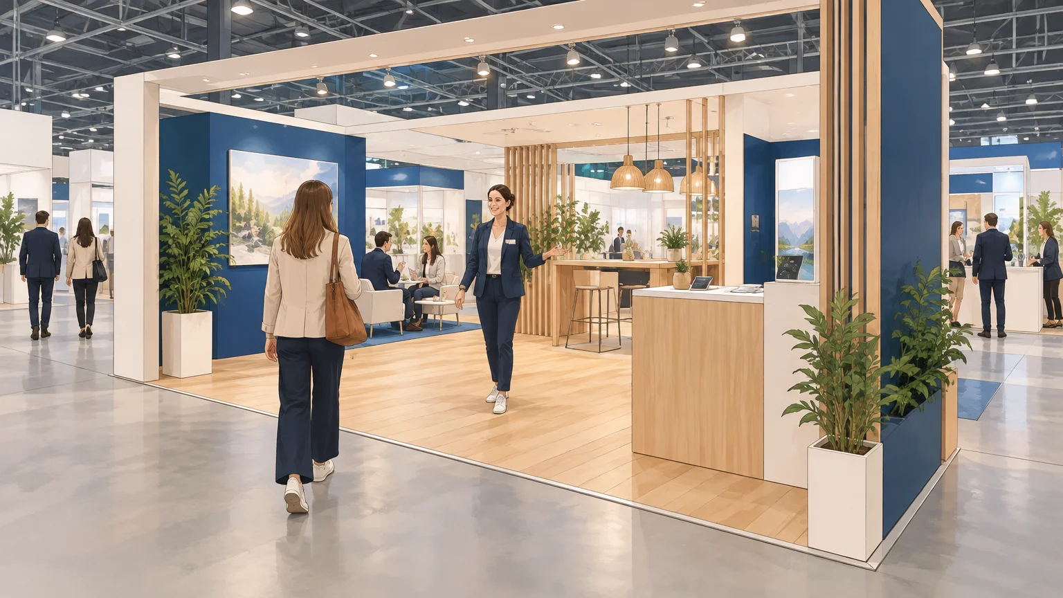 Visiteur accueilli dans un stand ouvert dont les accès et les zones sont visibles