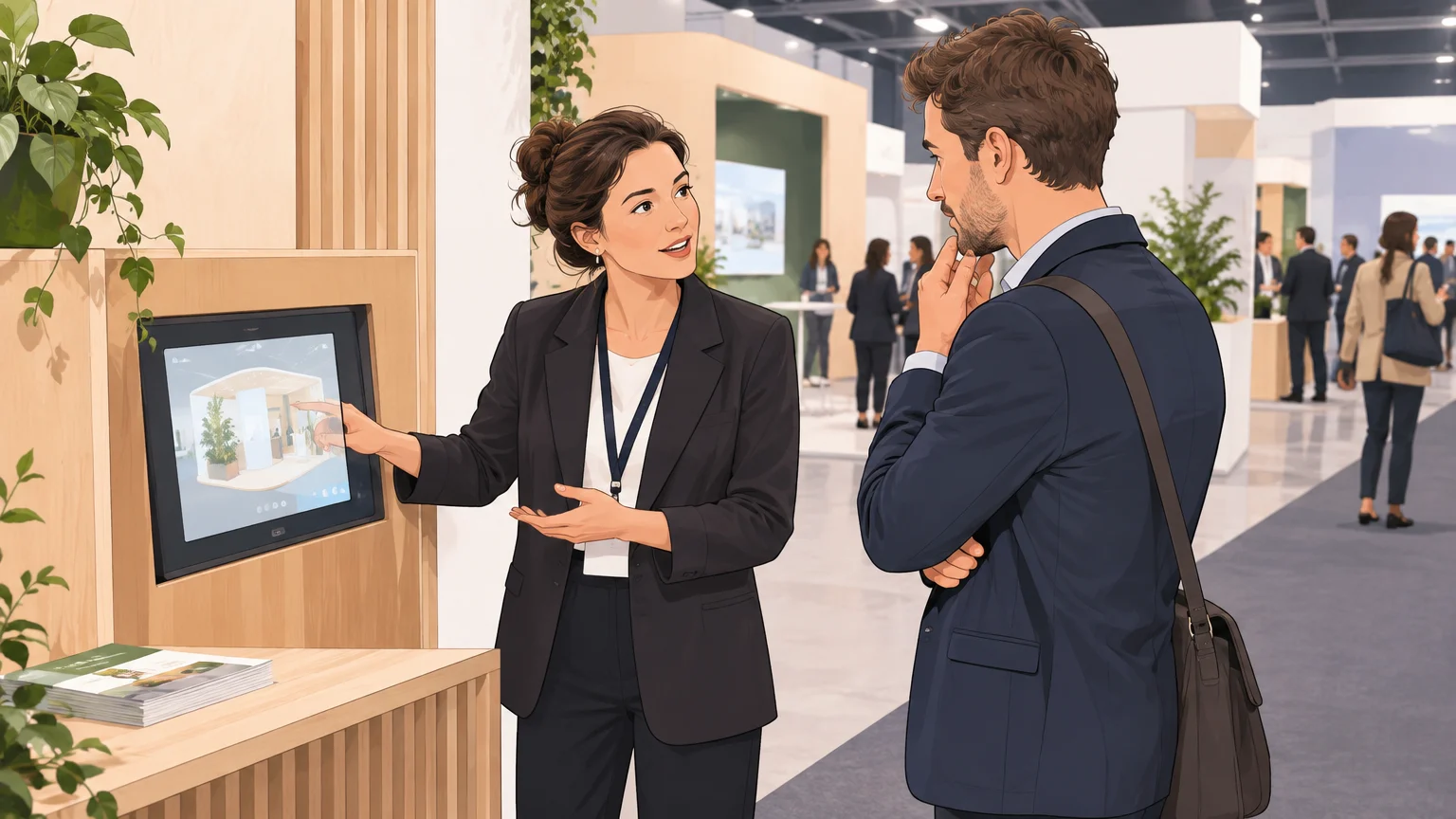 Échange entre une équipe et un visiteur sur un stand de services