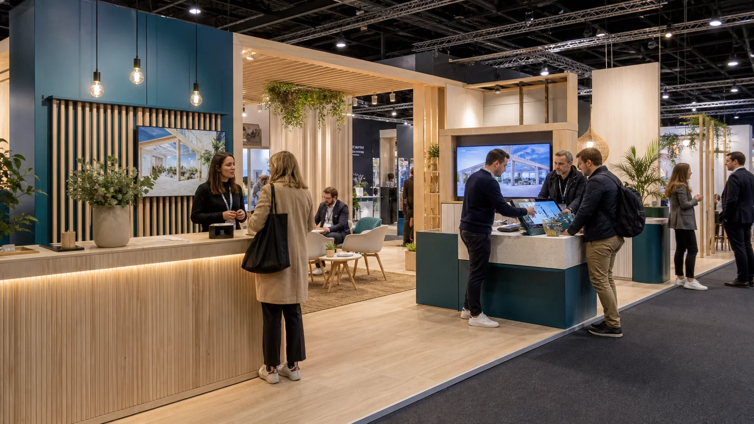 Stand d’exposition ouvert avec espace d’accueil, démonstration et circulation fluide