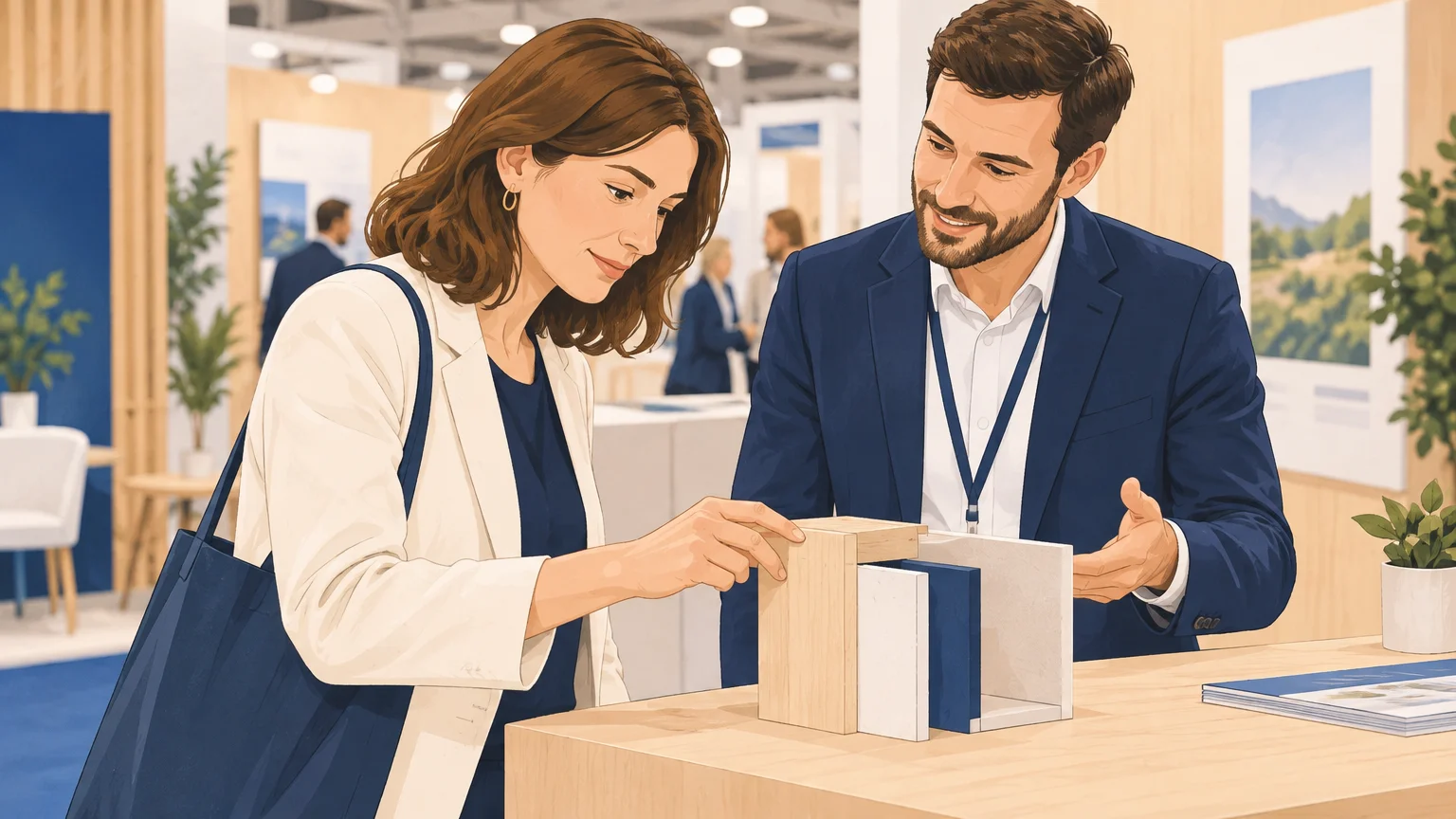 Visiteuse découvrant une démonstration sur un stand professionnel