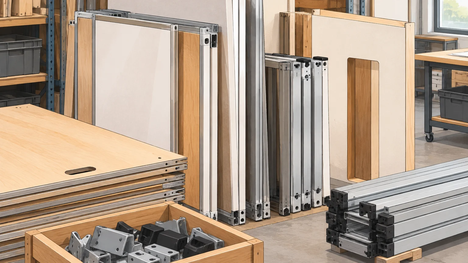 Éléments d’un stand modulaire préparés pour le réemploi dans un atelier