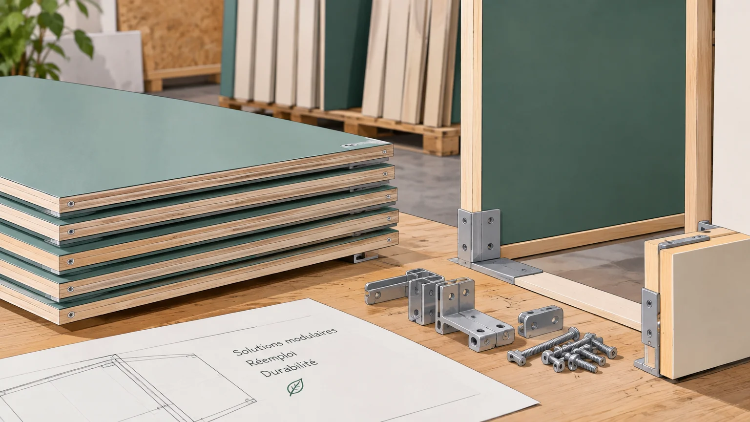 Détail d’éléments modulaires de stand conçus pour être démontés et réutilisés