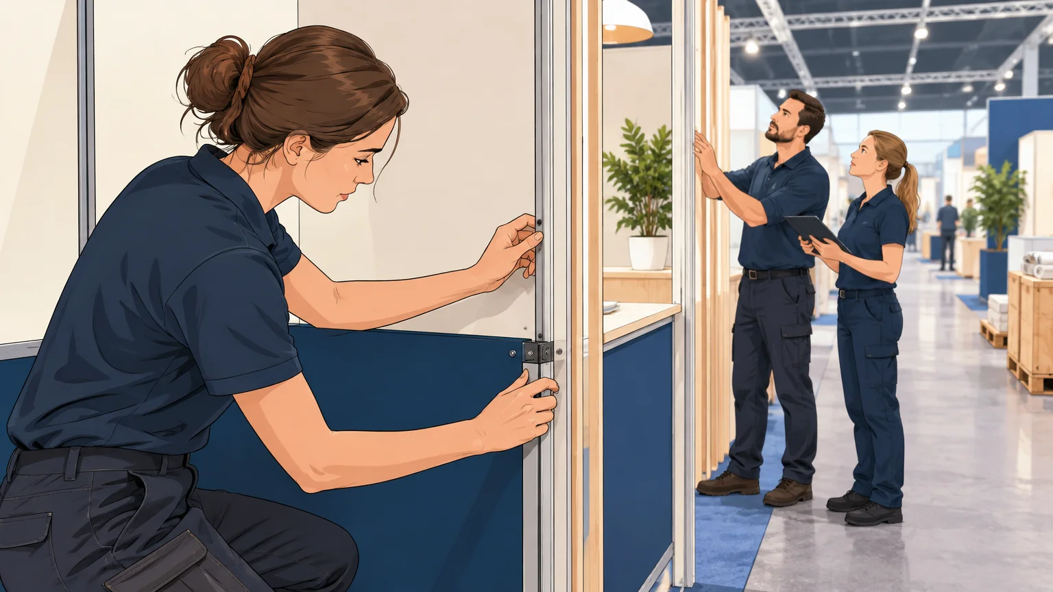 Technicienne ajustant un panneau réutilisable pendant le montage d’un stand