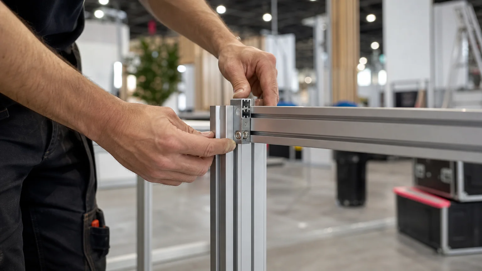 Assemblage d’un cadre de stand modulaire dans un hall d’exposition