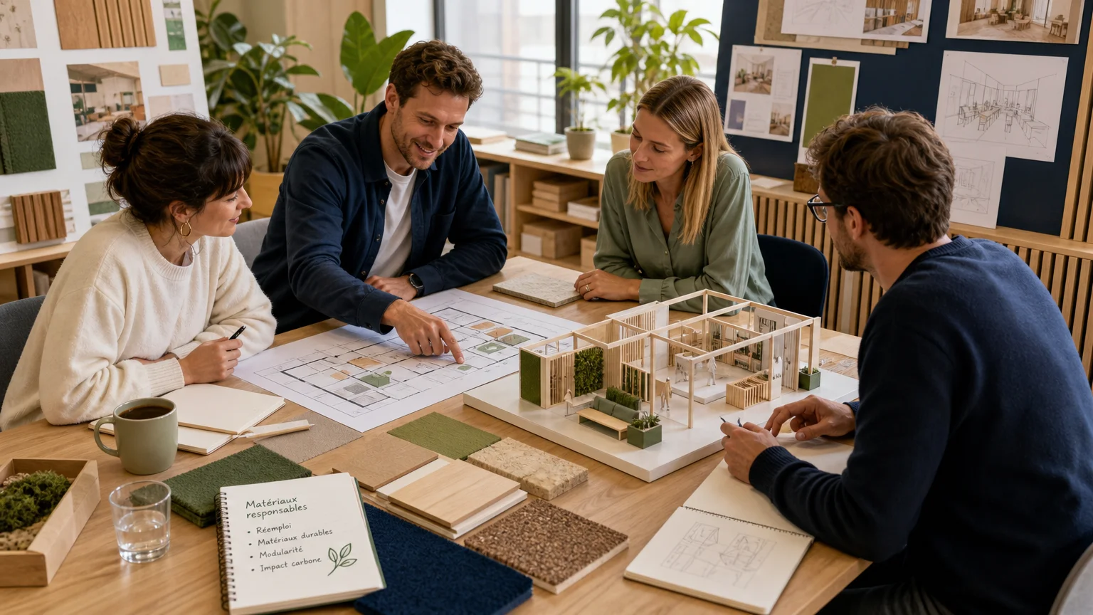 Équipe européenne préparant un projet de stand sur mesure avec des plans et des matériaux responsables