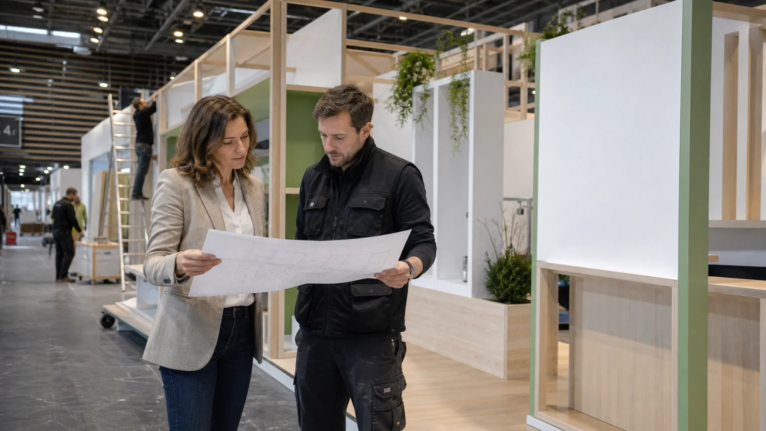 Une équipe vérifie le plan d’un stand en cours de montage dans un hall d’exposition