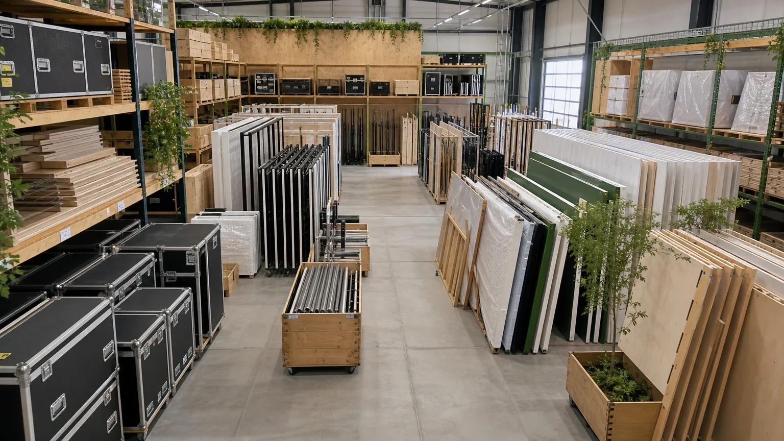 Éléments de stand démontés et rangés dans un atelier
