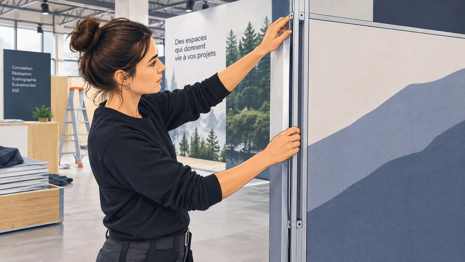 Assemblage d’un panneau pour reconfigurer un stand modulaire