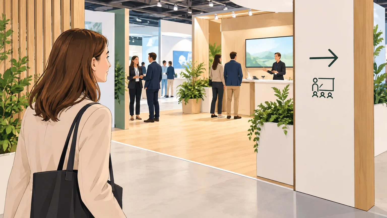 Visiteuse s’orientant vers une démonstration grâce aux repères du stand
