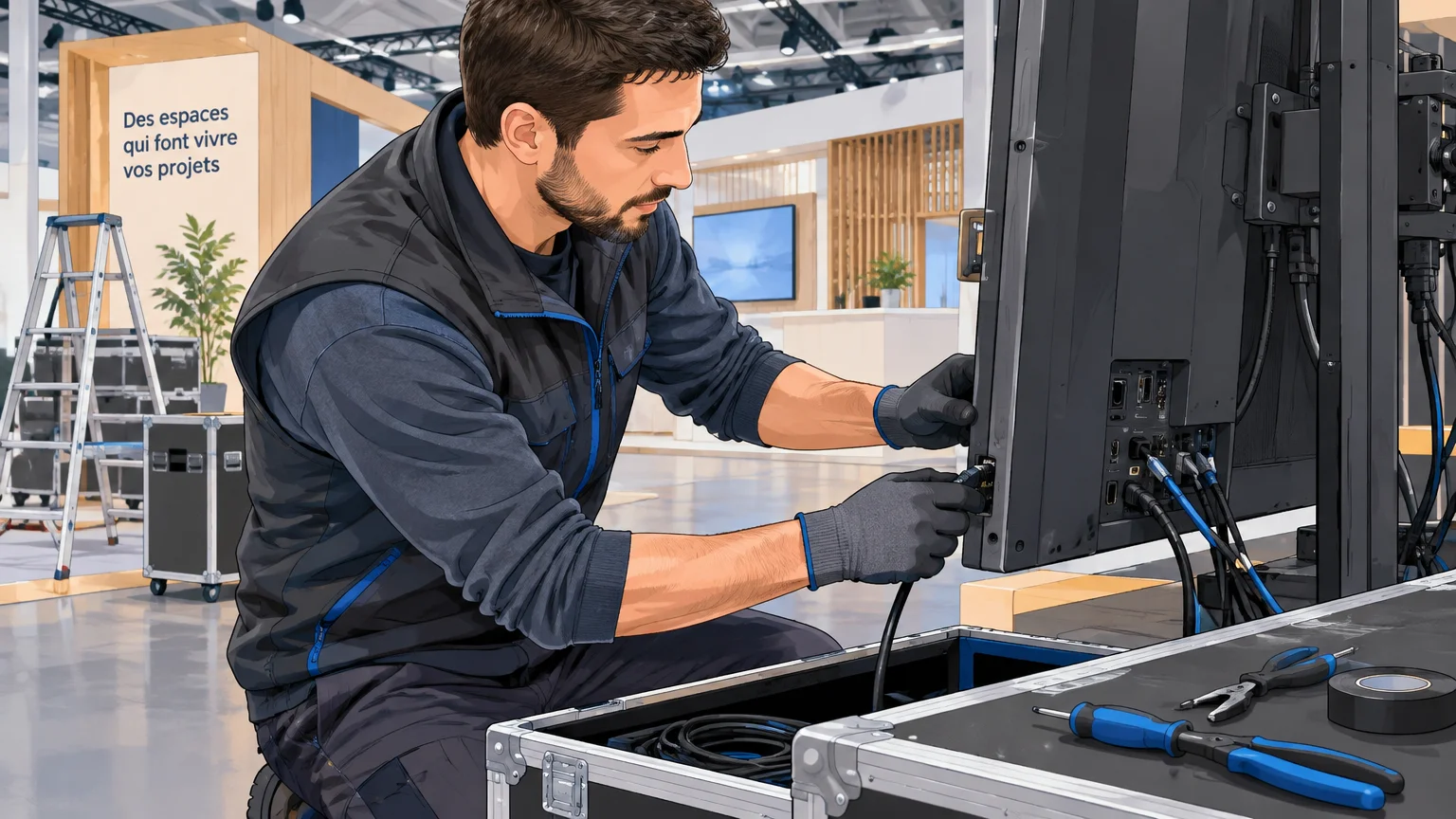 Technicien sécurisant un équipement audiovisuel avant le démontage du stand
