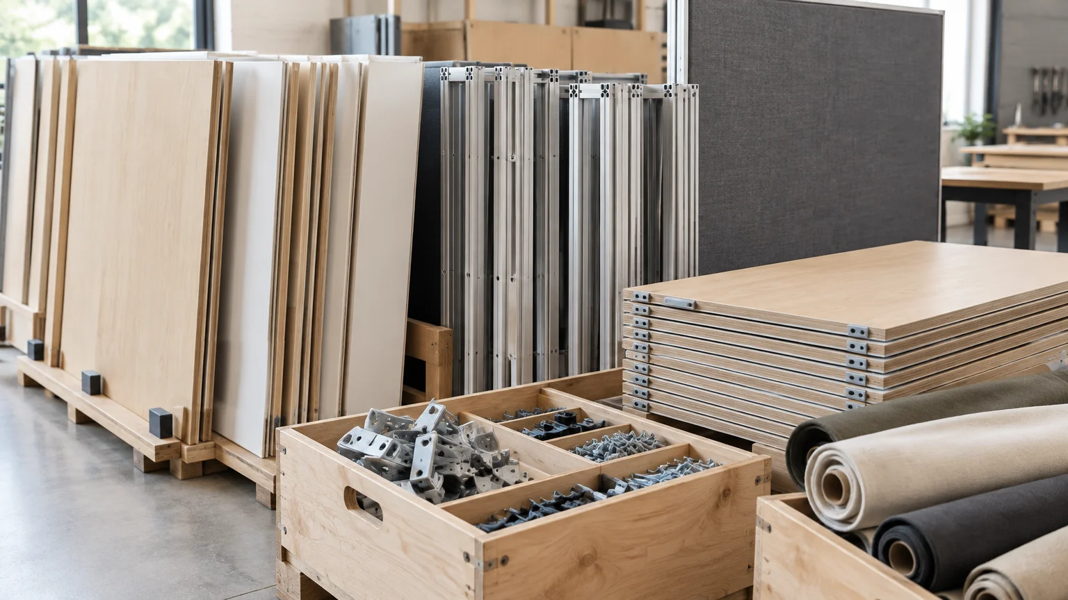 Détail d’éléments de stand démontables préparés pour être réutilisés
