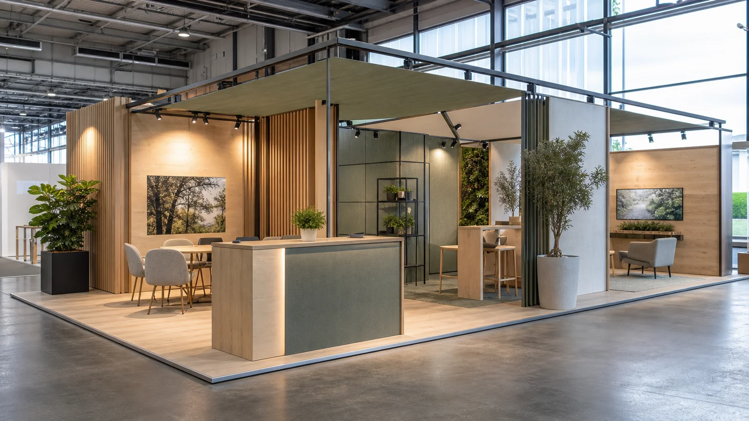 Stand d’exposition conçu avec des éléments démontables et des matériaux variés