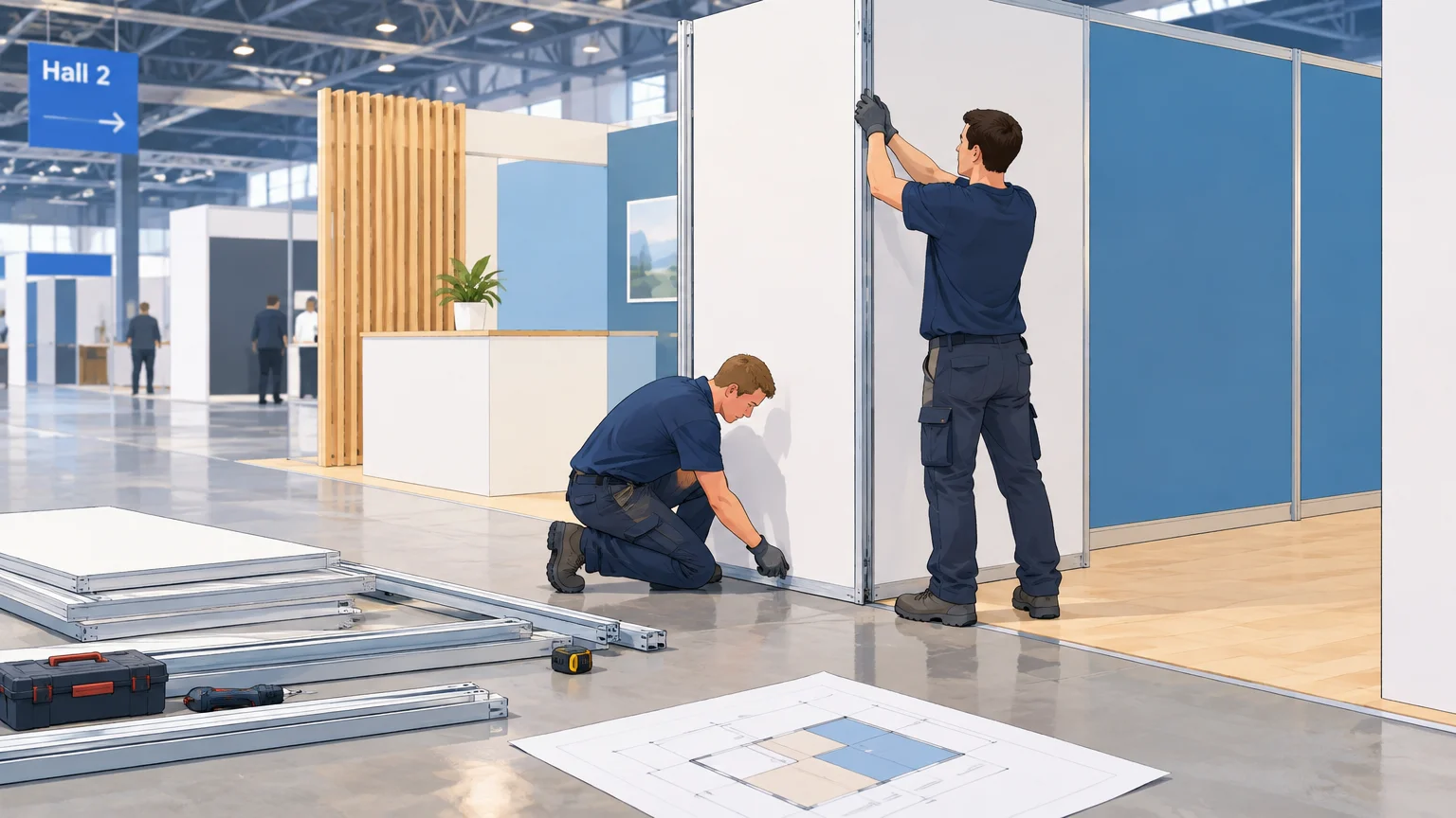 Techniciens préparant le montage d’un stand dans un hall d’exposition