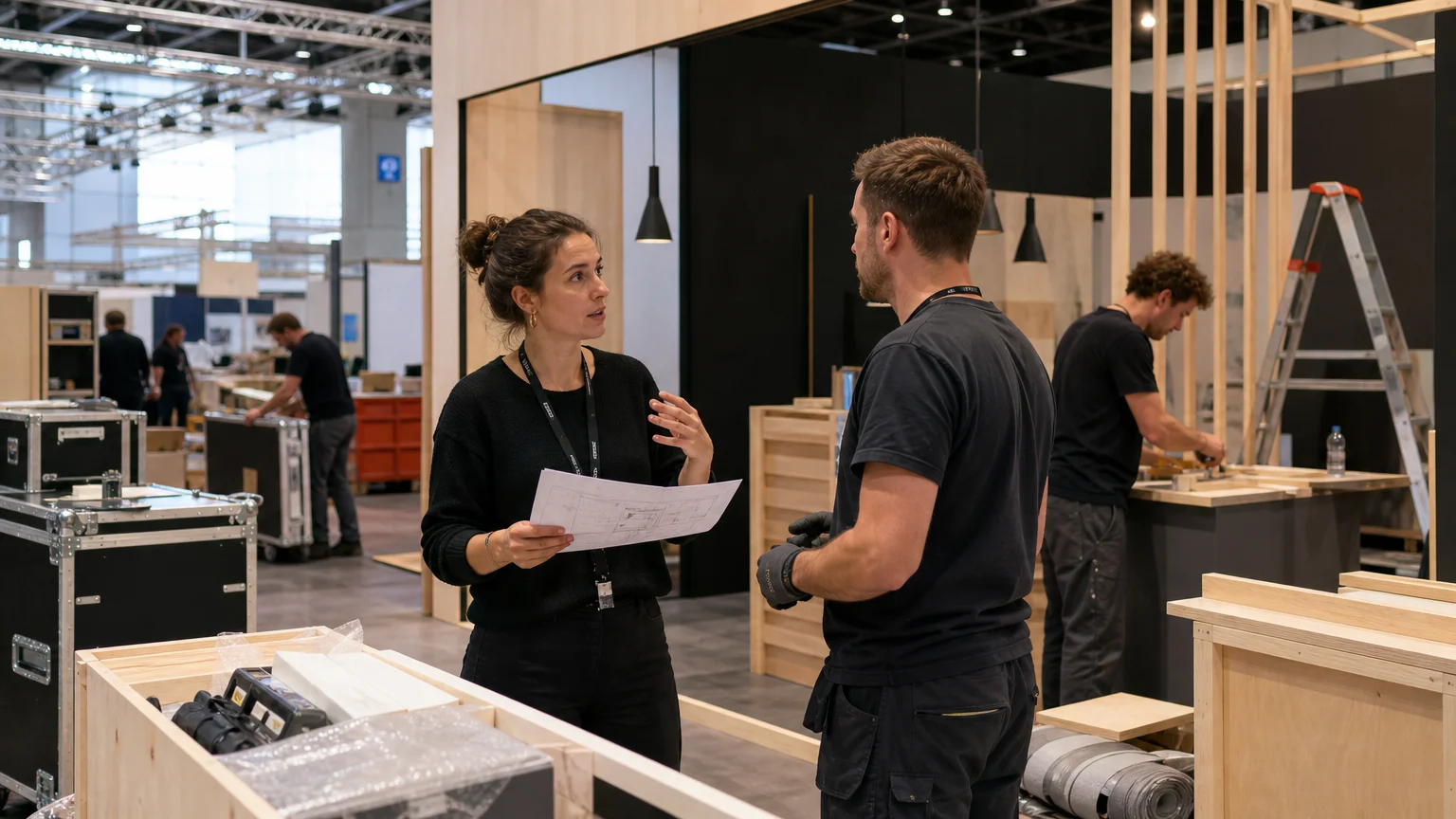 Équipe européenne coordonnant le montage d’un stand de salon à l’international