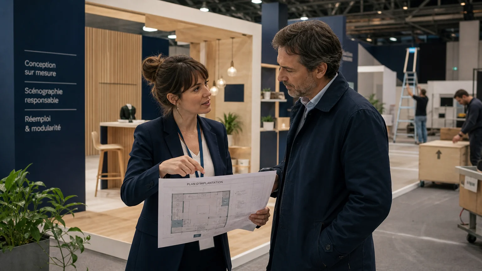 Échange entre une cheffe de projet et un client dans un espace d’exposition en préparation