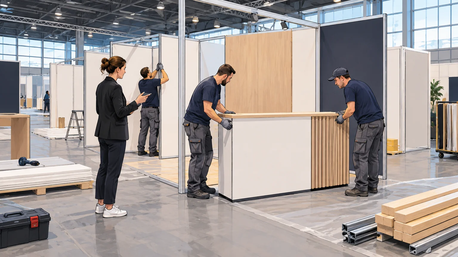 Une équipe coordonne le montage d’un stand dans un hall d’exposition