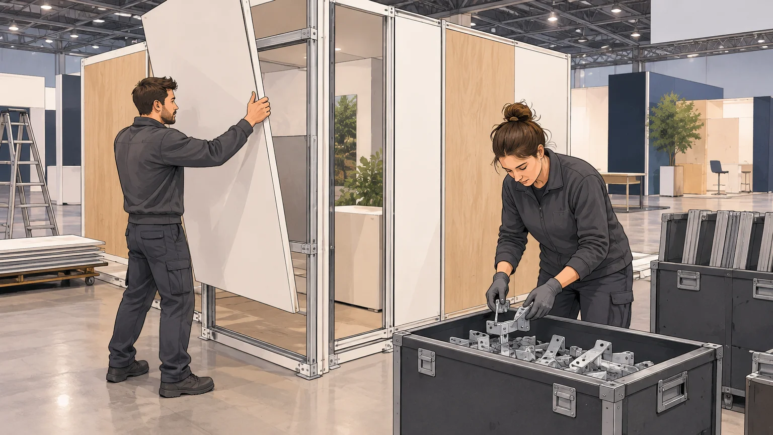 Équipe démontant un stand modulaire pour réemployer ses éléments