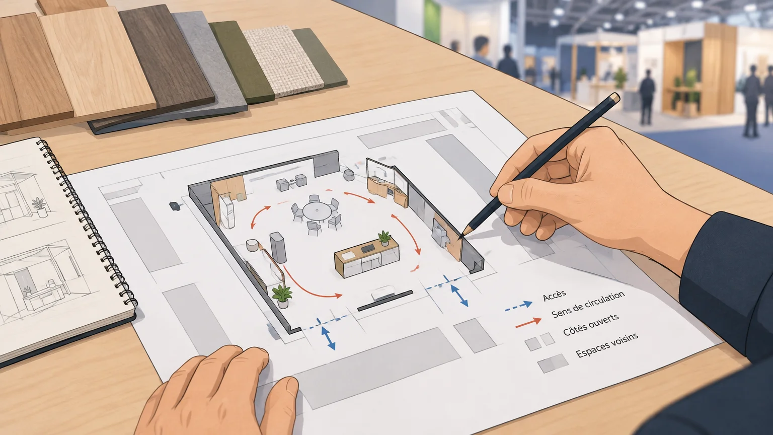 Étude du plan d’emplacement et des circulations d’un stand de salon